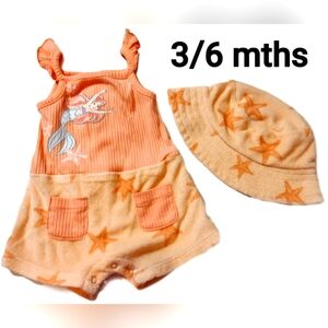 NWT MERMAID Orange Baby Romper and Hat Set
